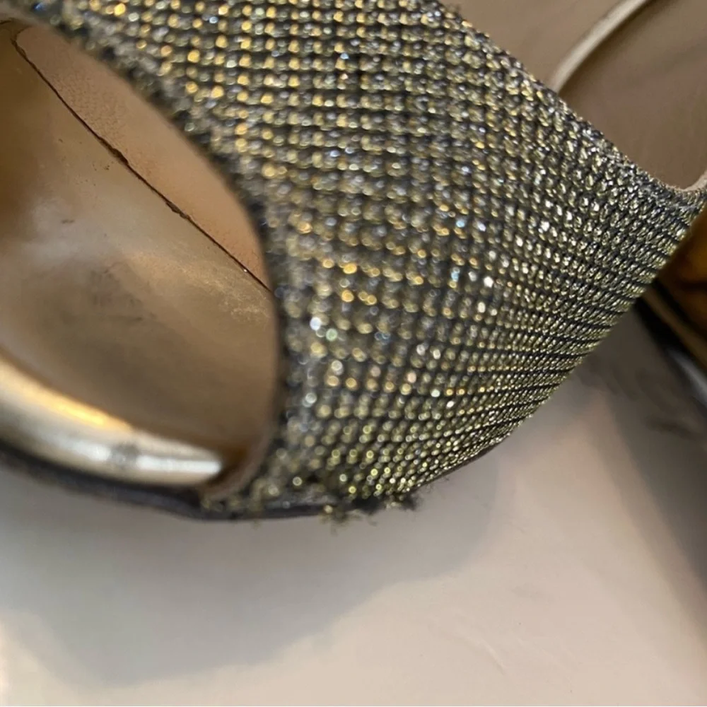 Jimmy Choo Gold Glitter Baxen Peep Toe Wedge Pumps  (9)